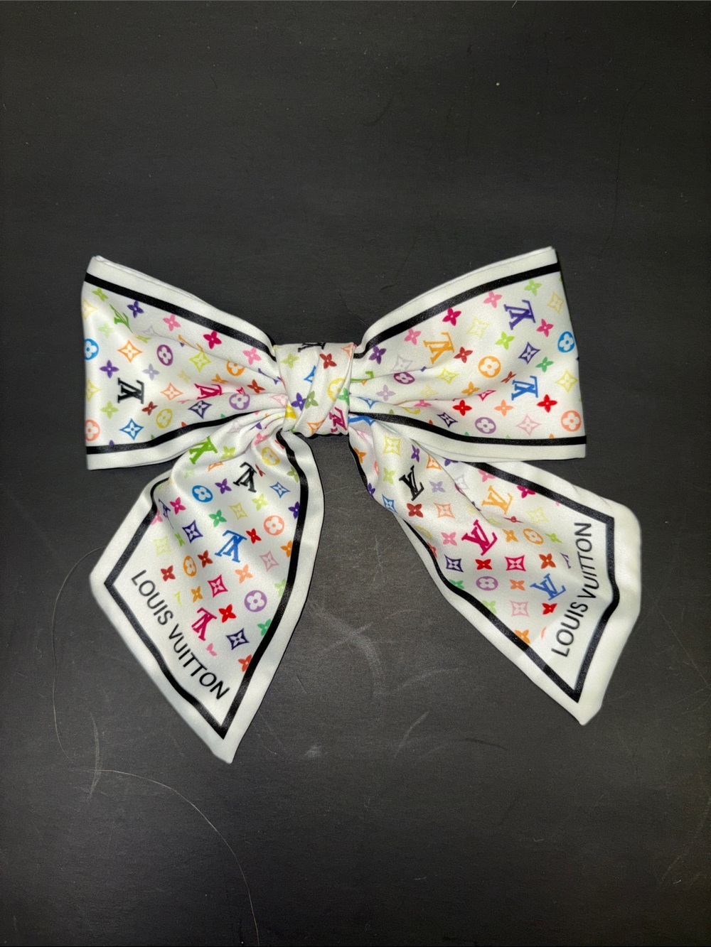 Designer Inspired White Multicolor Monogram Bow Hair Accessory